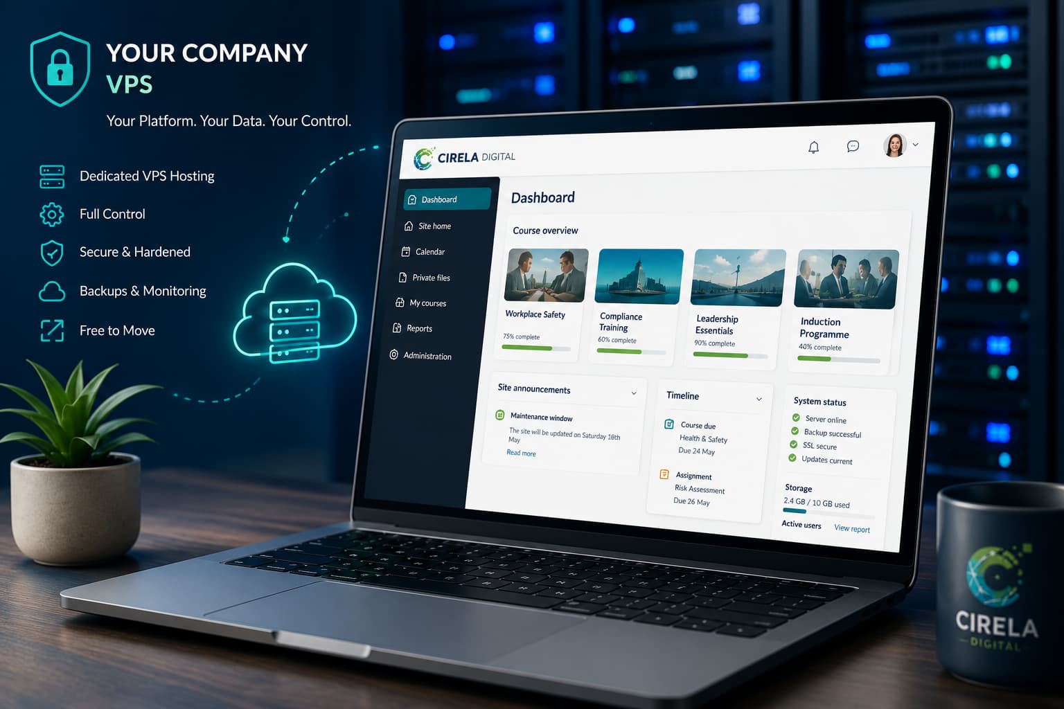 Cirela Digital private Moodle platform hosted on a dedicated VPS