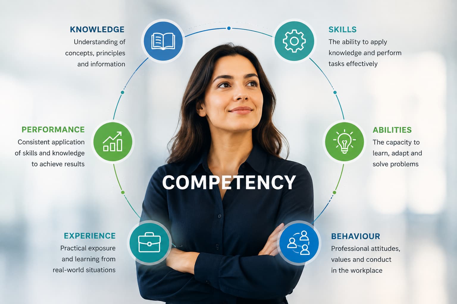Competency framework showing knowledge, skills, abilities, behaviour, experience and performance